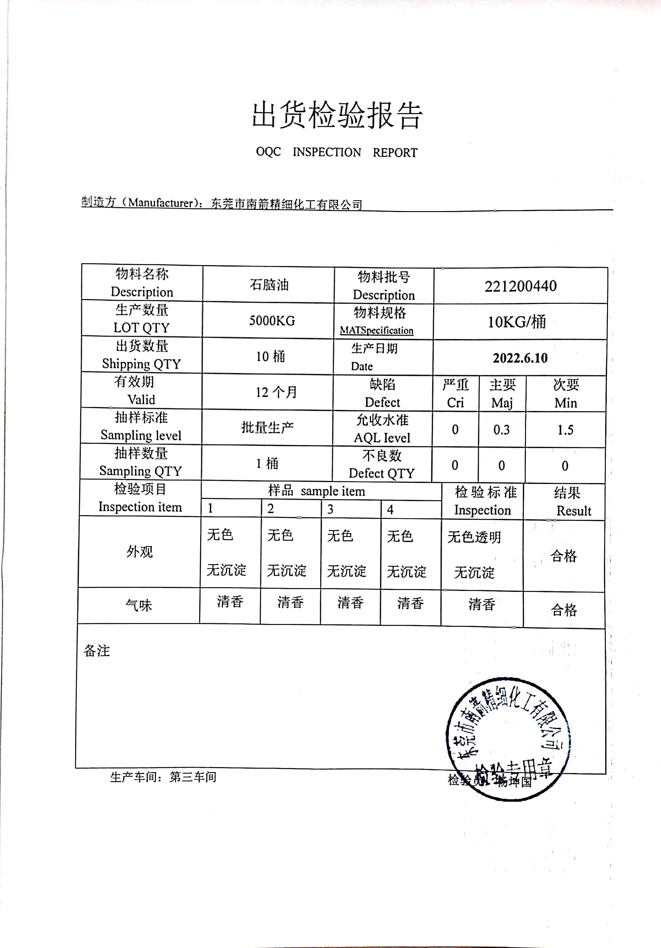 石脑油质量检测报告